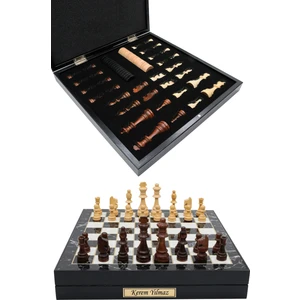 Cooper Chess Kutulu Ahşap Satranç ve Dama Takımı | Kişiye Özel Metal Etiketli | 36CM Ahşap Mermer Desenli Kutulu Satranç Takımı