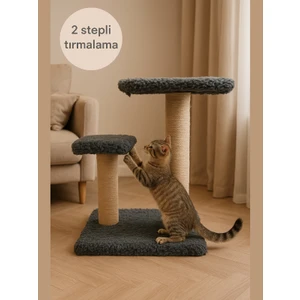 2 Kademeli Peluş Kedi Tırmalama Tahtası | 44 cm Yükseklik, Egzersiz ve Oyun Alanı, Yumuşak Dokulu, Soft Renkli Modern Tasarım Gri Renk