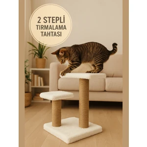 2 Kademeli Peluş Kedi Tırmalama Tahtası | 44 cm Yükseklik, Egzersiz ve Oyun Alanı, Yumuşak Dokulu, Soft Renkli Modern Tasarım Beyaz Renk
