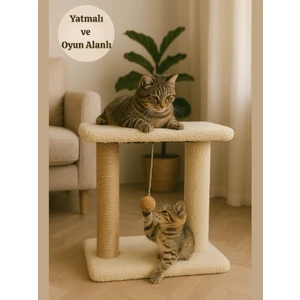 Peluş Dokulu 44 cm Kedi Tırmalama Tahtası | Oturaklı ve Yatma Yüzeyli, Ponponlu Oyun Alanı, Yumuşak Doku ve Tırmalamaya Dayanıklı Tasarım | Soft ve Sevilen Renk Seçenekleriyle
