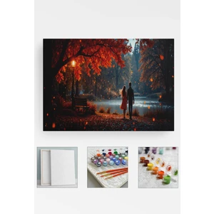 Sayılarla Boyama Çerçeveli Hobi Seti Numaralı Tuval Fırça Boya Dahil Kasnaklı 40X50 cm Son Bahar Sevgililer