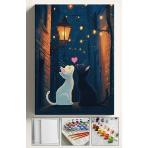 Sayılarla Boyama Çerçeveli Hobi Seti Numaralı Tuval Fırça Boya Dahil Kasnaklı 40X50 cm Sevgili Kediler