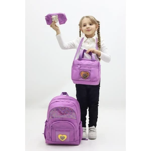 Temalı Kız Çocuk 3’lü Okul Çanta Seti - Kalpli Sırt Çantası Termal Beslenme Çantası Kalemlik