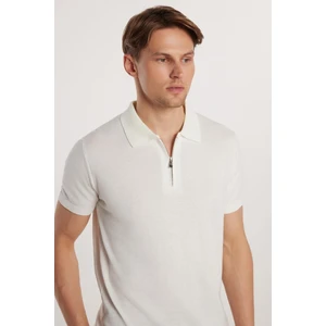 Erkek Slim Fit Dar Kesim Pamuklu Örme Triko Fermuarlı Beyaz Polo Yaka Tişört
