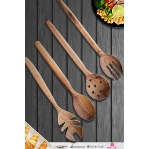 Doğal Ceviz Ağacı Ahşap Tahta Kaşık Spatula Kevgir Çatal Seti Ağaç Kaşık (4 Lü Set) Mta3