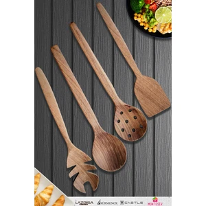 Doğal Ceviz Ağacı Ahşap Tahta Kaşık Spatula Kevgir Çatal Seti Ağaç Kaşık (4 Lü Set) Mta4