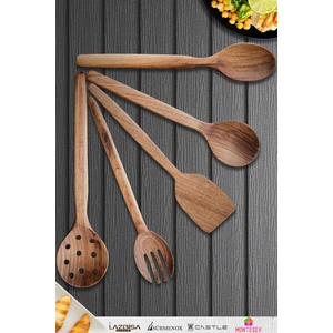 Doğal Ceviz Ağacı Ahşap Tahta Kaşık Spatula Kevgir Çatal Seti Ağaç Kaşık (5 Li Set) Mta5