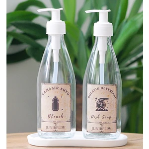 3lü Set Vintage Suya Dayanıklı Etiket Boş Cam Bulaşık Deterjanlık Çamaşır Suyu 2X330ML +Beyaz Altlık