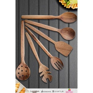 Doğal Ceviz Ağacı Ahşap Tahta Kaşık Spatula Kevgir Çatal Seti Ağaç Kaşık (6 Lı Set) Mta8
