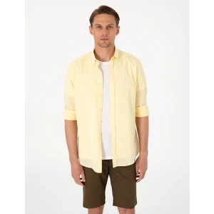 Pierre Cardin Erkek Sarı Keten Karışımlı Regular Fit Uzun Kollu Gömlek 50303245-VR044