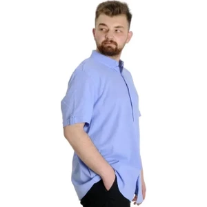 Büyük Beden Erkek Keten Likralı Gömlek 20393  Mavi