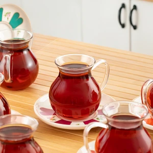 17901 Beyoğlu 12 Parça 6 Kişilik Çay Seti Borosilikat Cam Kulplu Tombik Bardak ve Porselen Çay Tabağı Takımı 210 ml