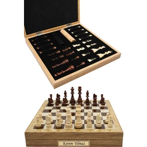 Cooper Chess Kutulu Ahşap Satranç ve Dama Takımı | Kişiye Özel Metal Etiketli | 36CM Ahşap Meşe Desenli Kutulu Satranç Takımı
