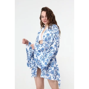 Naomi Mavi Çiçek Desen Kimono
