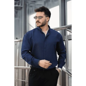 Pera Kumaş Keten Görünümlü Yarım Oversize Uzun Kollu Erkek Gömlek - Lacivert