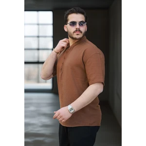 Oversize Yarım Pat Bambu Kısa Kol Gömlek - Kahve