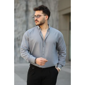 Pera Kumaş Keten Görünümlü Yarım Oversize Uzun Kollu Erkek Gömlek - Füme