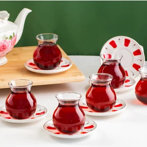 17898 Filiz 12 Parça 6 Kişilik Çay Seti Borosilikat Cam Tombik Bardak ve Porselen Çay Tabağı Takımı 210 ml
