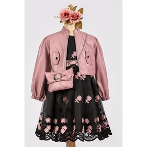 Pembe Deri Çeketli Çantalı Siyah Kız Çocuk Abiye Elbise