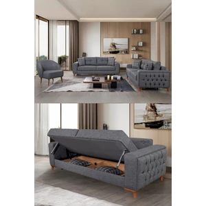 Nola Koltuk Takımı 3 3 1 & Bazalı Yataklı Koltuk - Antrasit Keten Kumaş