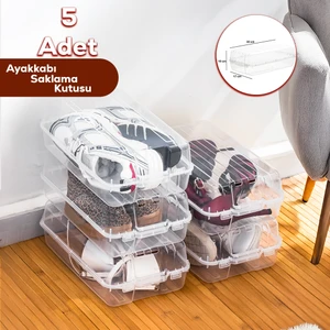 3196 5 Adet Kadın ve Çocuk Ayakkabı Saklama Kutusu - Şeffaf Pratik Ayakkabı Kabı Düzenleyici Saklama Seti