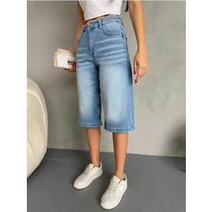 Kadın Efektli Yüksek Bel Diz Altı Baggy Bermuda Denim Şort