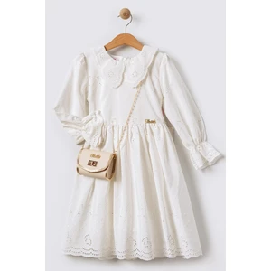Fisto Yakalı Çantalı Uzun Kollu Kız Çocuk Brode Elbise - Ekru
