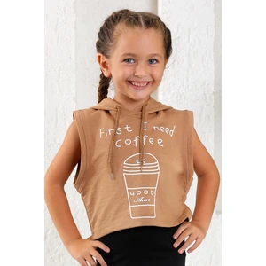 Kız Çocuk First I Need Coffee Baskılı Kolsuz Kapüşonlu Sweatshirt 9-12 Yaş