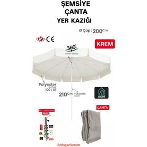 Deniz Plaj Kamp 2 mt 10 Telli Polyester Krem Şemsiye + Çanta+Kazık
