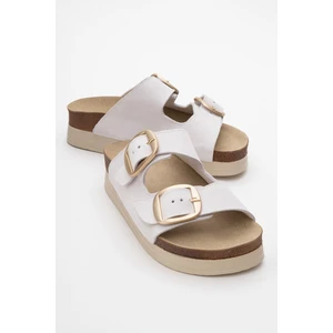 Harbor Beyaz Süet Çift Bantlı  Deri Kadın Kalın Tabanlı Terlik