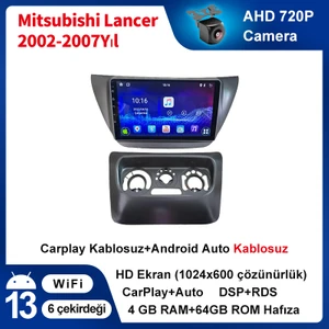 Mitsubishi Lancer 2004-2007 Yıl Android Sürüm 13 Kablosuz Carplay Navigasyon Multimedya 9 Inç Ekran 4 GB Ram 64 GB Hafıza