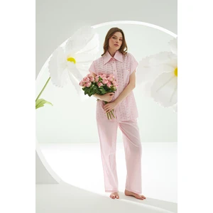 Nbb Pembe Önden Düğmeli Çiçek Desenli Pijama Takımı