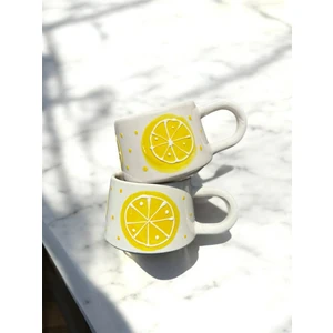 BB Design El Yapımı Limon Desenli 2'li Seramik Kupa