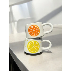 BB Design El Yapımı Portakal ve Limon Desenli 2'li Seramik Kupa