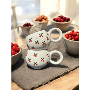 BB Design El Yapımı Kiraz Desenli 2'li Seramik Kupa