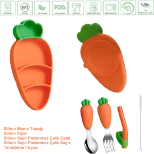 Vakumlu Silikon Mama Tabağı, Silikon Saplı Paslanmaz Çelik Uçlu Çatal ve Kaşık, Pipet, Fırça ( Havuç Figürlü )