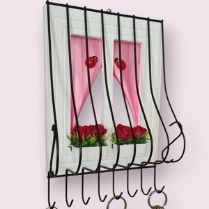 Royal Hediyelik 21X16CM Dekoratif Ahşap Pencere Modelli, Çiçek Saksılı, Uğur Böcekli, Duvar Anahtarlığı