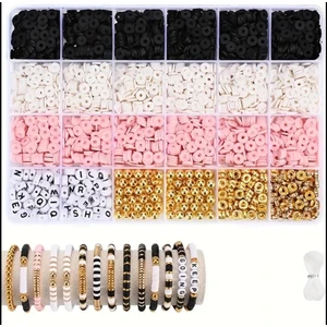 Yiğit Aksesuar Siyah Beyaz Pembeli Fimo Boncuk Harf Boncuk ve Ara Aparat Takı Yapım Seti Malzemeleri 6