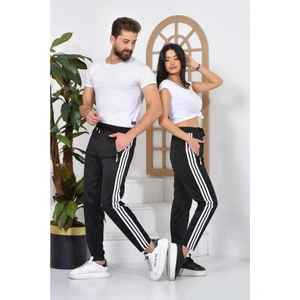 Maki Home 3 Şeritli Scuba Kumaş Paçası Lastikli Kadın Erkek Unisex Siyah Eşofman Altı Beyaz Çizgili