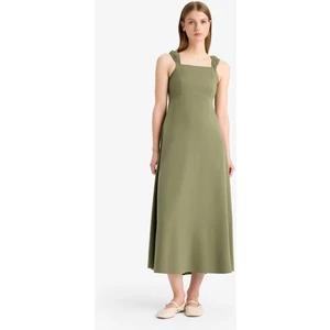 Kare Yaka Keten Karışımlı Kısa Kollu Midi Yazlık Elbise F3198AX25SM