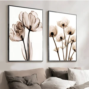 Harikabirev|bej-Krem Renk Soft Sevilen Soyut Çiçek Kombini |çerçeveli Cam Tablo  2li Dikey