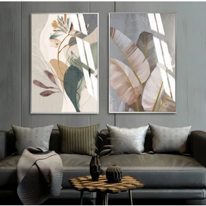 Harikabirev|soft Renknler Soyut Çiçek Kombini |çerçeveli Cam Tablo  2li Dikey