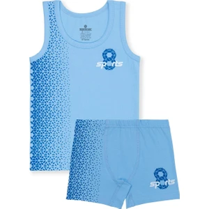 Erkek Çocuk Pamuklu Likralı Bisiklet Yaka Baskılı Klasik Kalın Askılı Atlet Boxer Takım Tekli 2926 Mavi