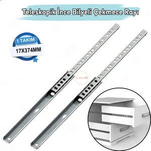 Teleskobik Ince Bilyeli Bilyalı Dolap Çekmece Rayı Sürgüsü Metal En 1.7 cm 17 mm Uzunluk 37.4 cm 374
