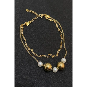 Altın Renk Inci Küre Model Singapur ve Sf Zincir Çelik Halhal - 3292