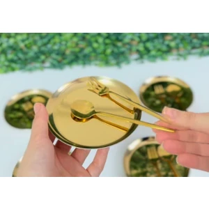 Elzem Tepsi Çelik Gold Renk 6 Adet Düz Mini Çerezlik Pasta Tatlı Tabağı 12 cm