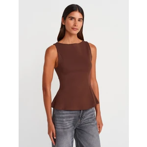 21001 Kayık Yaka Peplum Top-Açık Kahve