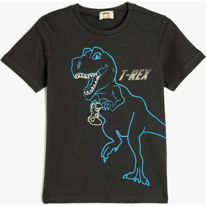 Dinozor Baskılı Bisiklet Yaka Pamuklu Kısa Kollu Tişört