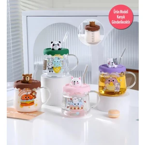 Renkli Hayvan Figürlü Silikon Kapaklı Pipetli Cam Kupa