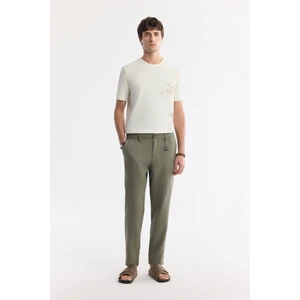 Erkek Relaxed Fit Haki Beli Lastikli %100 Keten Pantolon B003032